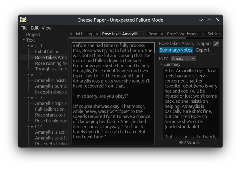 Screenshot of Cheese Paper open with a dark theme, looking at a different scene in the same project