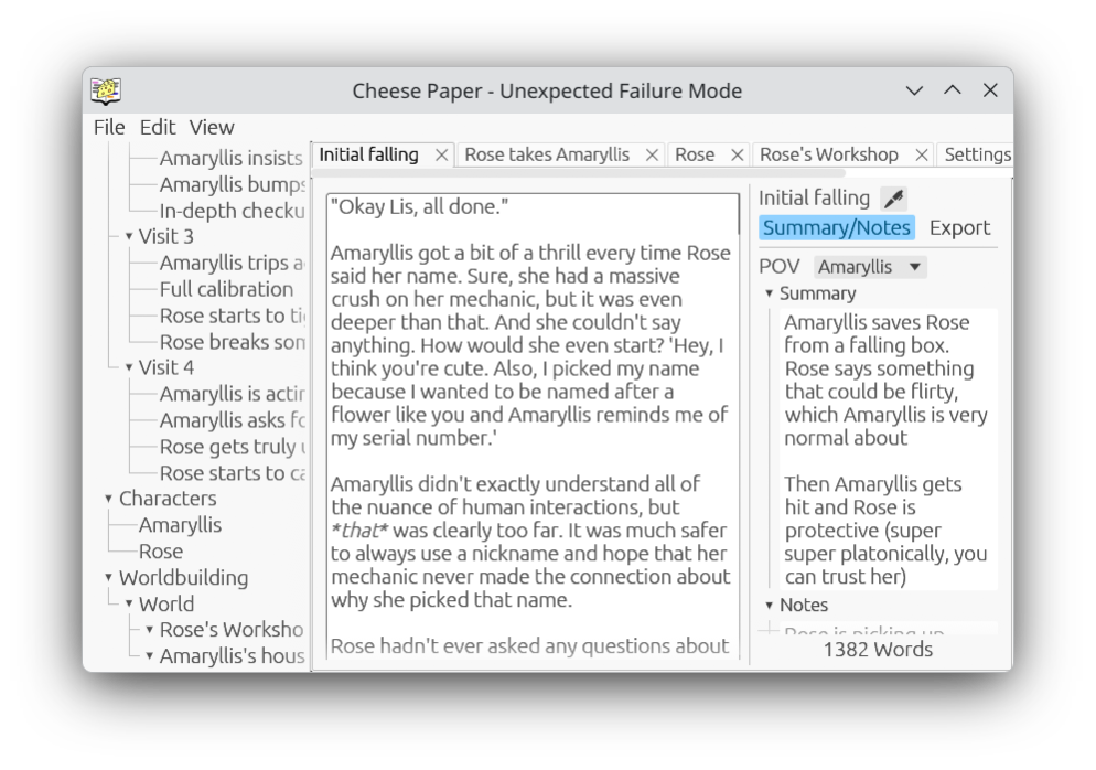 Screenshot of Cheese Paper opened to a project titled 'Robot with Frustrated Mechanic'. There is a view of folders and scenes on the left, a main editor window with the text of the scene, and a summary and notes section on the sidebar