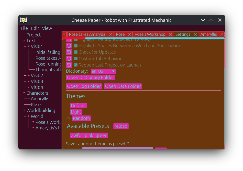 Screenshot of Cheese Paper open, with a randomly generated theme. The left sidebar is dark purple, the text is blue, the buttons are bright pink (and barely readable). The main settings window is a pale brown. It looks awful.