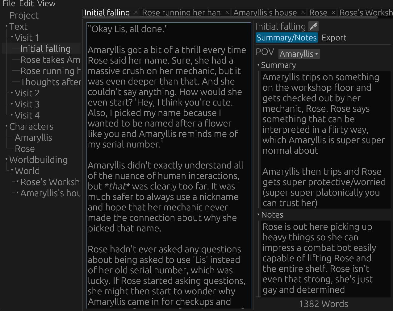 Screenshot of the Cheese Paper editor opened to a project titled 'Robot with Frustrated Mechanic'. There is a view of folders and scenes on the left, a main editor window with the text of the scene, and a summary and notes section on the sidebar